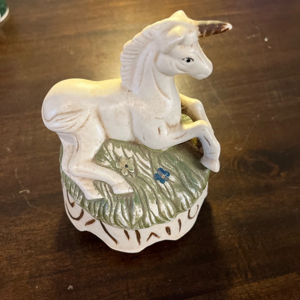 White Ceramic Unicorn Music Box with Green Base - Decorative Home Art